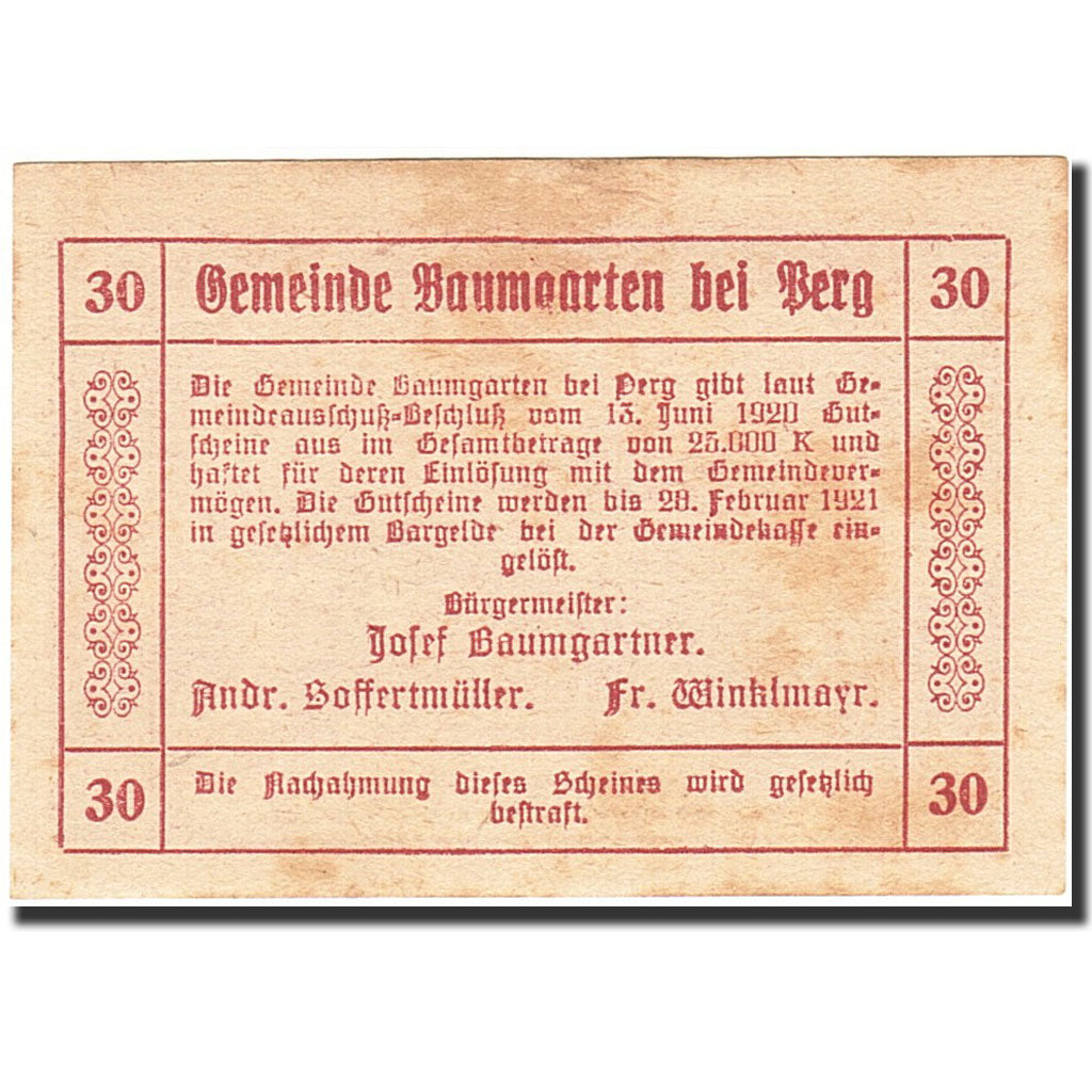 Banknote, Austria, Baumgarten, 25 Heller, agriculteur, 1921, 1921-02-28