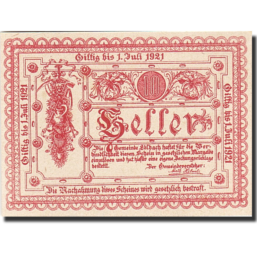 Banknote, Austria, Edelbach, 10 Heller, valeur faciale, 1921, 1921-07-01