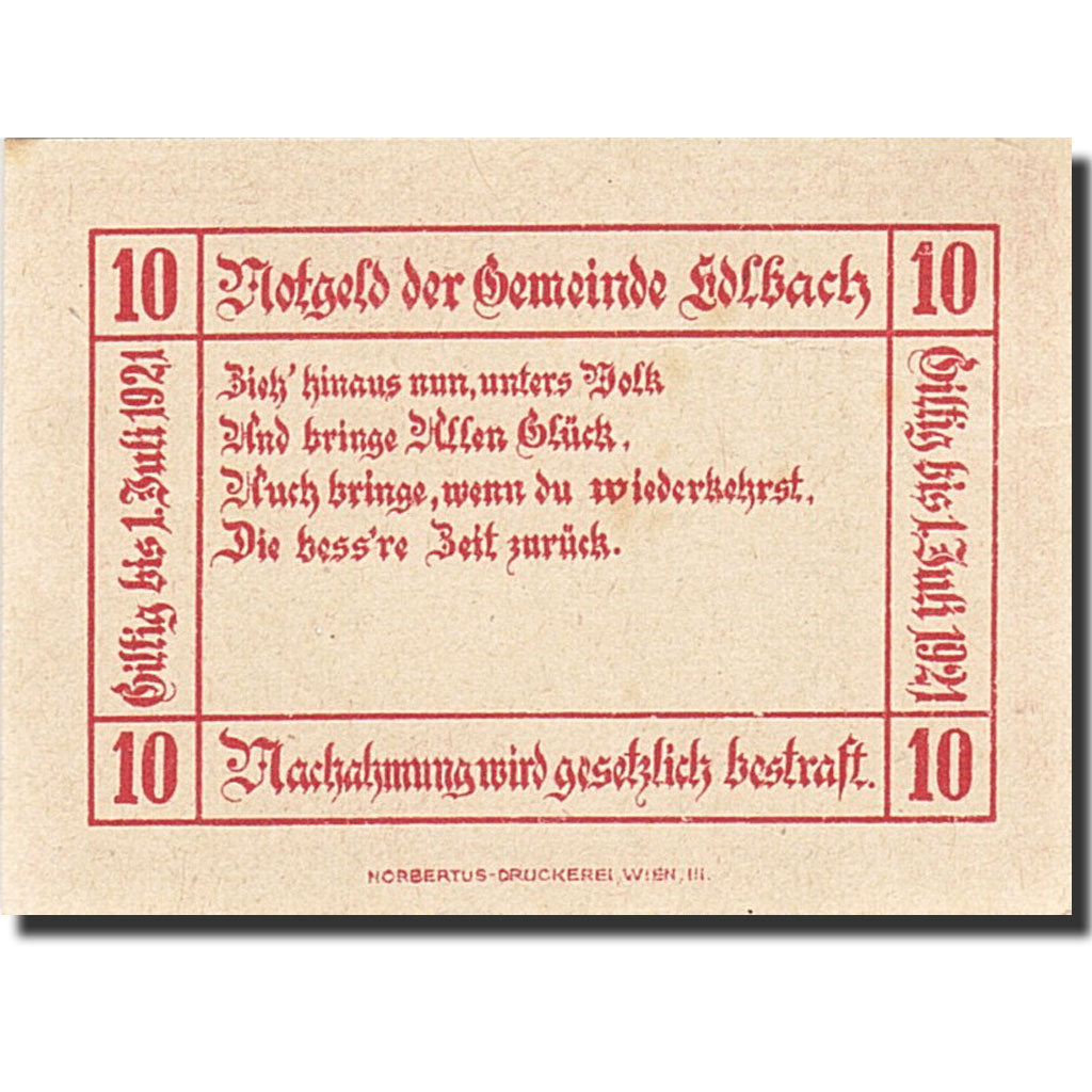 Banknote, Austria, Edelbach, 10 Heller, valeur faciale, 1921, 1921-07-01