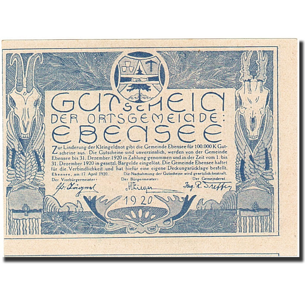 Banknote, Austria, Ebensee, 50 Heller, alpiniste, 1920, 1920-12-31, UNC(65-70)