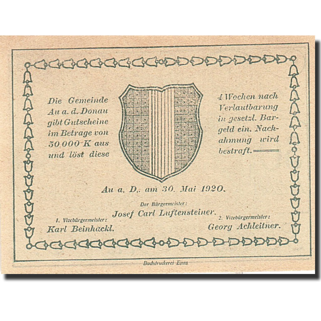 Banknote, Austria, Au an der Donau, 30 Heller, ferme, 1920, 1920-05-30, UNC(63)