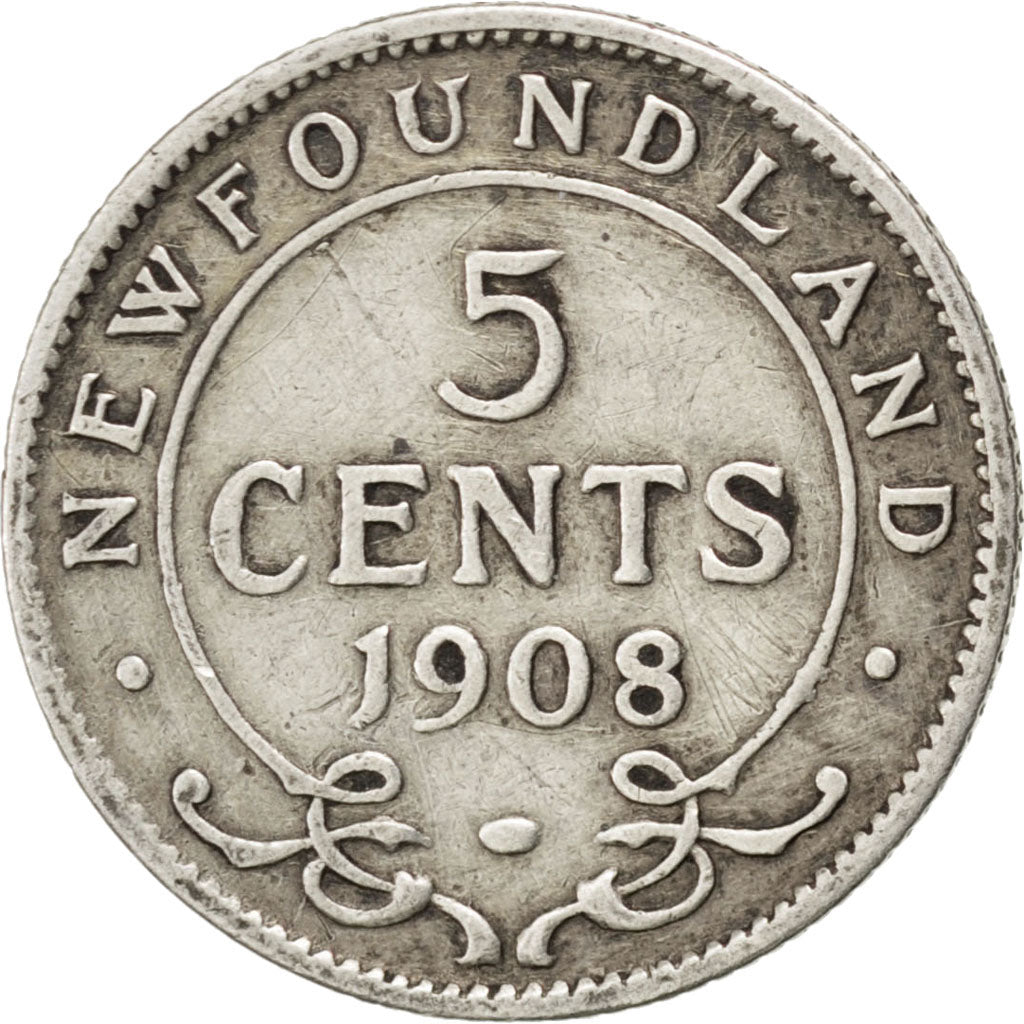 NEWFOUNDLAND, 5 Cents, 1908, KM #7, VF(20-25), Silver, 1.13