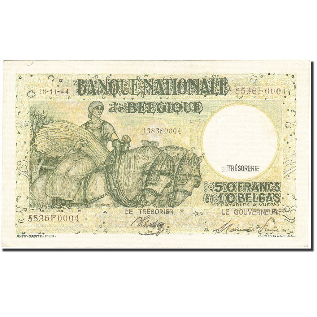 Billet, Belgique, 50 Francs-10 Belgas, 1933-1935, 1944-11-13, KM:106, SUP+