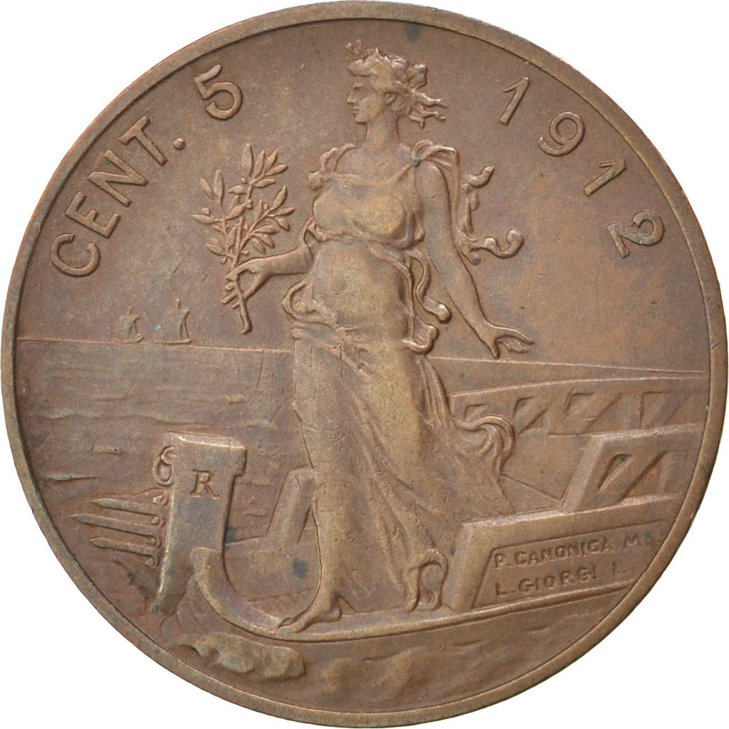 ITALY, 5 Centesimi, 1912, Rome, KM #42, EF(40-45), Bronze, 25, 5.06