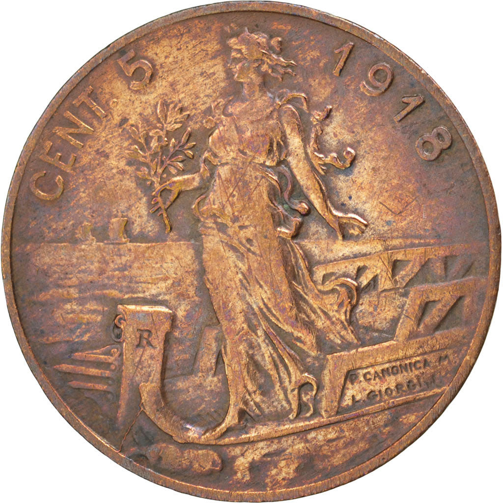 ITALY, 5 Centesimi, 1918, Rome, KM #42, EF(40-45), Bronze, 25, 5.09