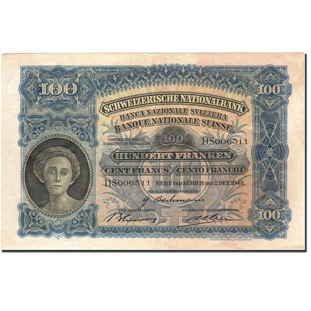 Biljet, Zwitserland, 100 Franken, 1921-1928, 1943-12-02, KM:35q, TTB+