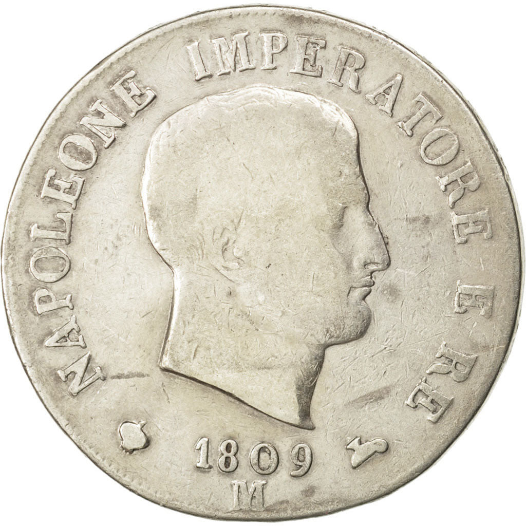 ITALIAN STATES, 5 Lire, 1809, Milan, KM #10.1, VF(20-25), Silver, 24.65