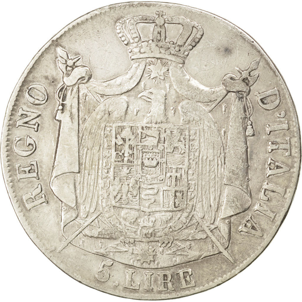 ITALIAN STATES, 5 Lire, 1809, Milan, KM #10.1, VF(20-25), Silver, 24.65