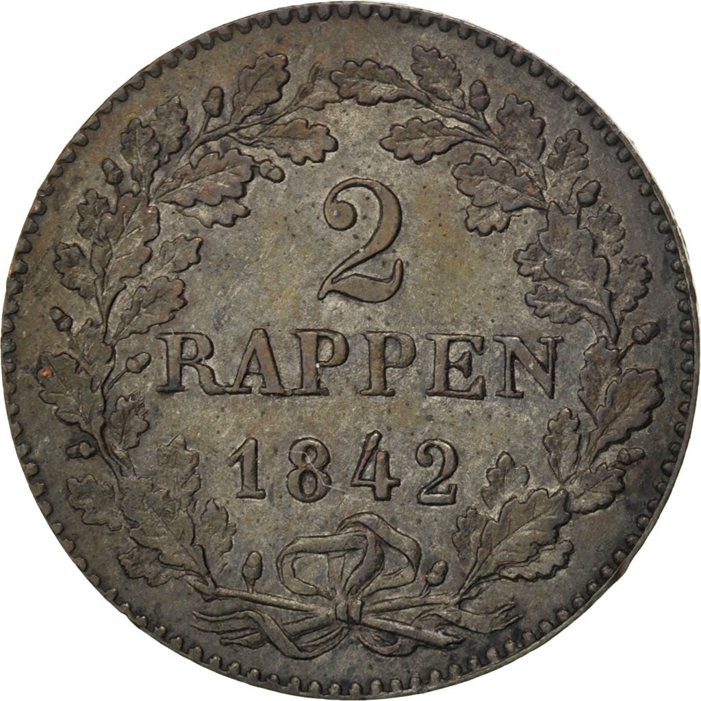 SWISS CANTONS, 2 Rappen, 1842, Zürich, KM #195, MS(60-62), Billon, 1.35