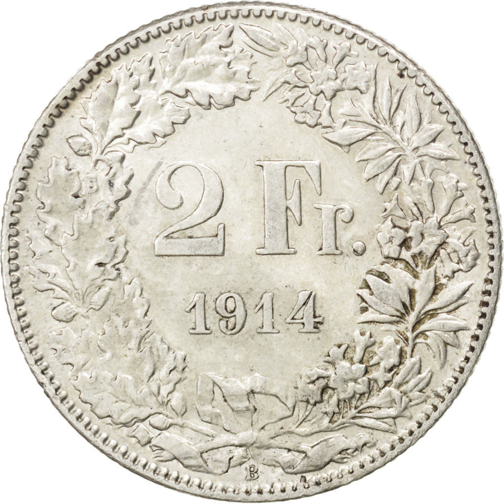 SWITZERLAND, 2 Francs, 1914, Bern, KM #21, AU(55-58), Silver, 27.4, 10.00