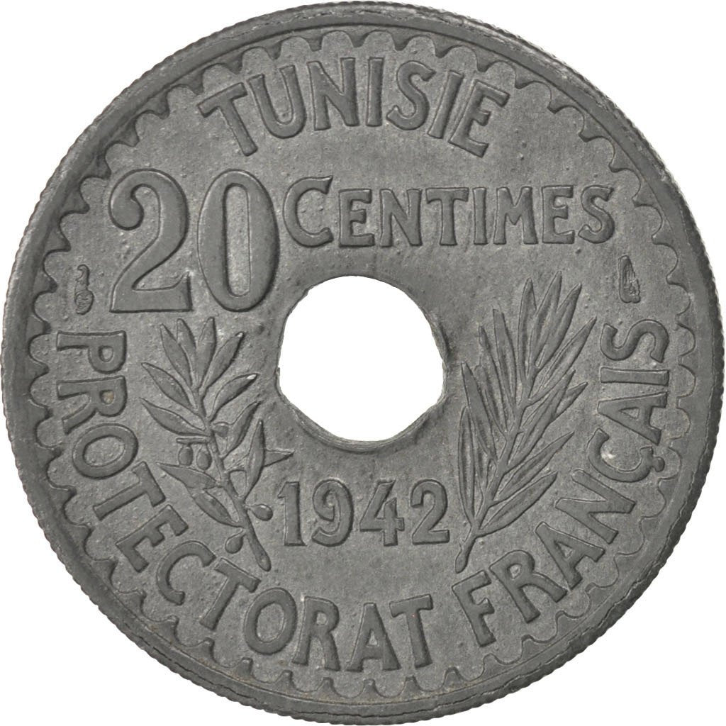 TUNISIA, 20 Centimes, 1942, Paris, KM #268, AU(55-58), Zinc, 3.55
