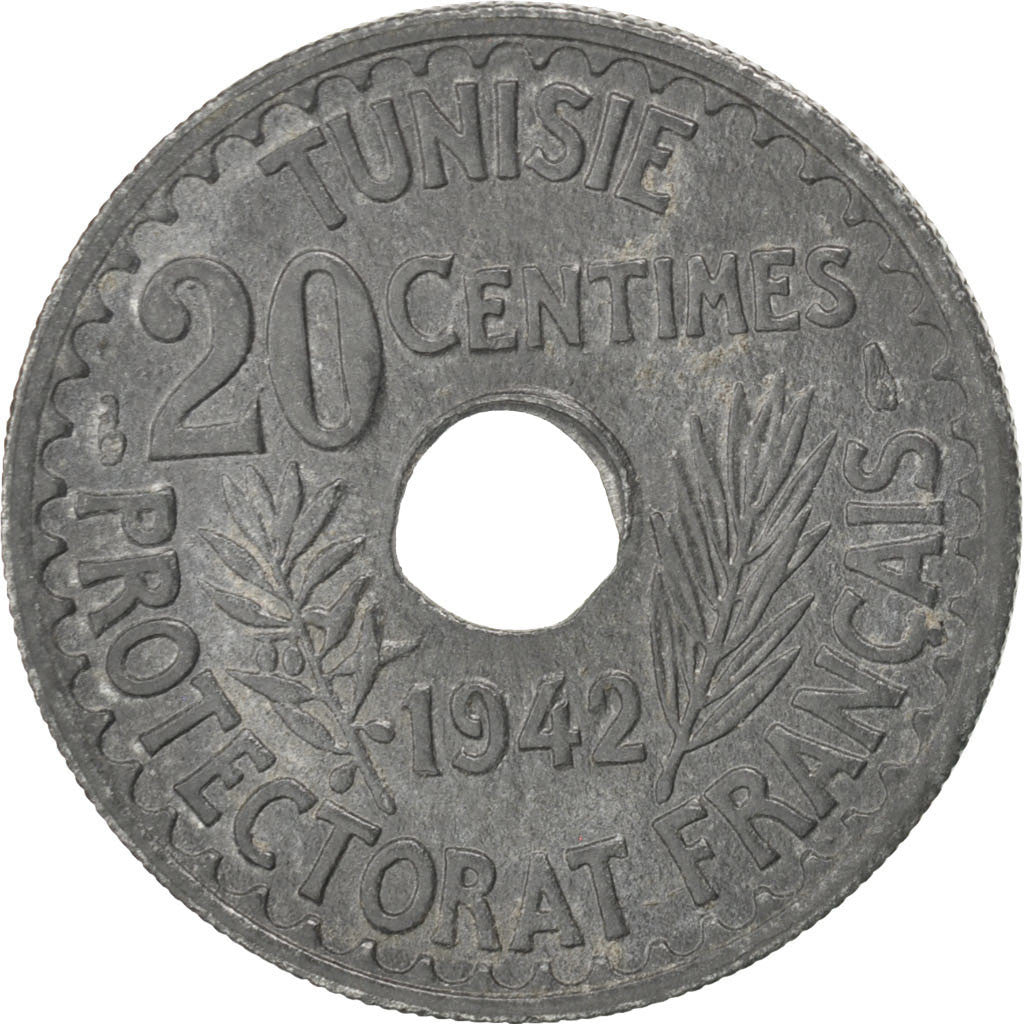 Coin, Tunisia, Ahmad Pasha Bey, 20 Centimes, 1942, Paris, AU(55-58), Zinc