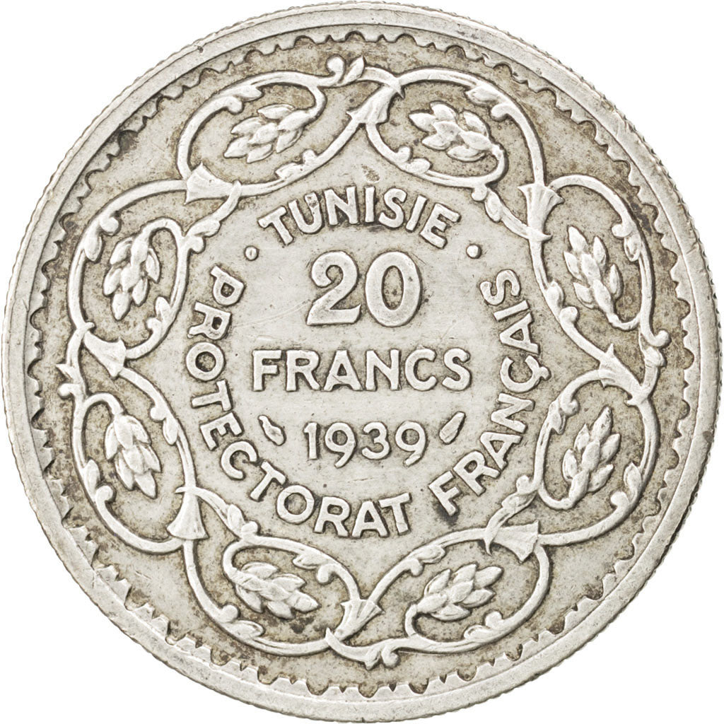 TUNISIA, 20 Francs, 1939, Paris, KM #266, AU(50-53), Silver, 35, 19.86