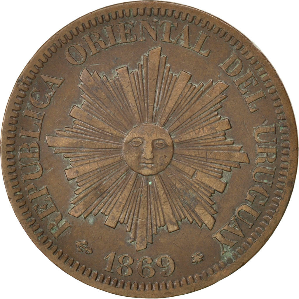 URUGUAY, 4 Centesimos, 1869, Uruguay Mint, KM #13, AU(50-53), Bronze, 20.18