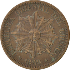 URUGUAY, 4 Centesimos, 1869, Uruguay Mint, KM #13, AU(50-53), Bronze, 20.18