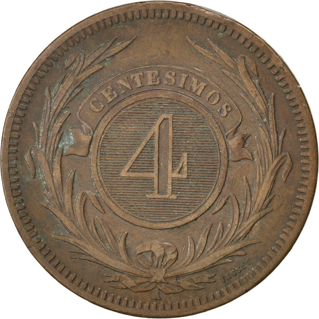 URUGUAY, 4 Centesimos, 1869, Uruguay Mint, KM #13, AU(50-53), Bronze, 20.18