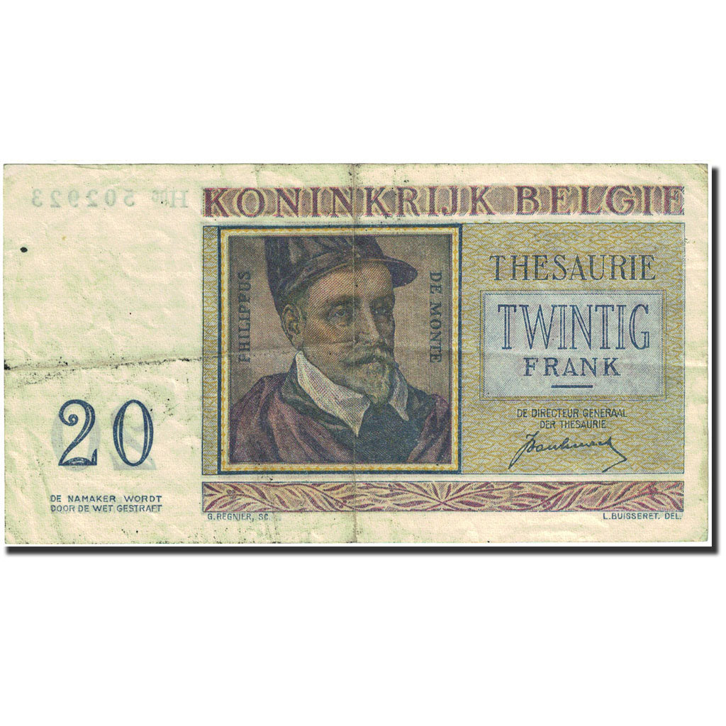 Banknote, Belgium, 20 Francs, 1948-1950, 1950-07-01, KM:132a, VF(30-35)