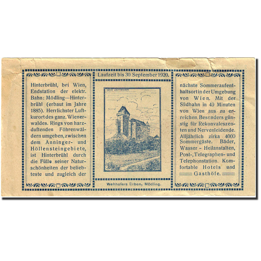 Banknote, Austria, Hinterbrühl, 80 Heller, montagne, 1920, 1920-06-02