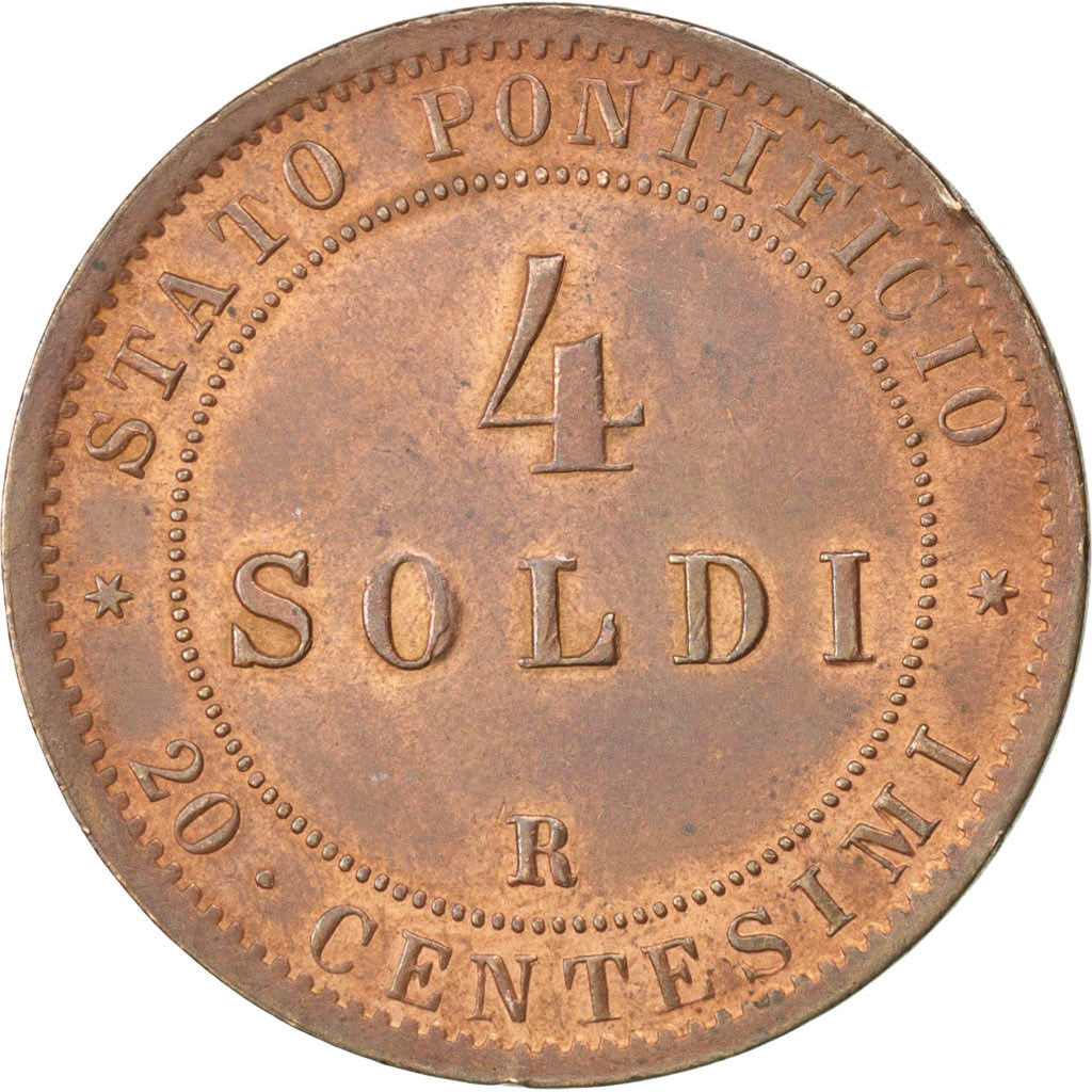 ITALIAN STATES, 4 Soldi, 20 Centesimi, 1868, Roma, KM #1374, AU(55-58), Copper,.