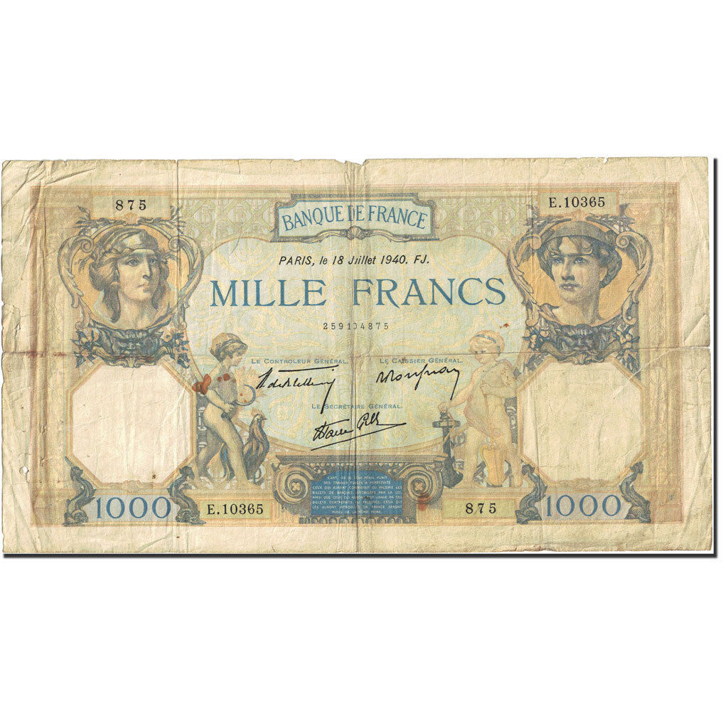 France, 1000 Francs, 1 000 F 1927-1940 ''Cérès et Mercure'', 1937-1939