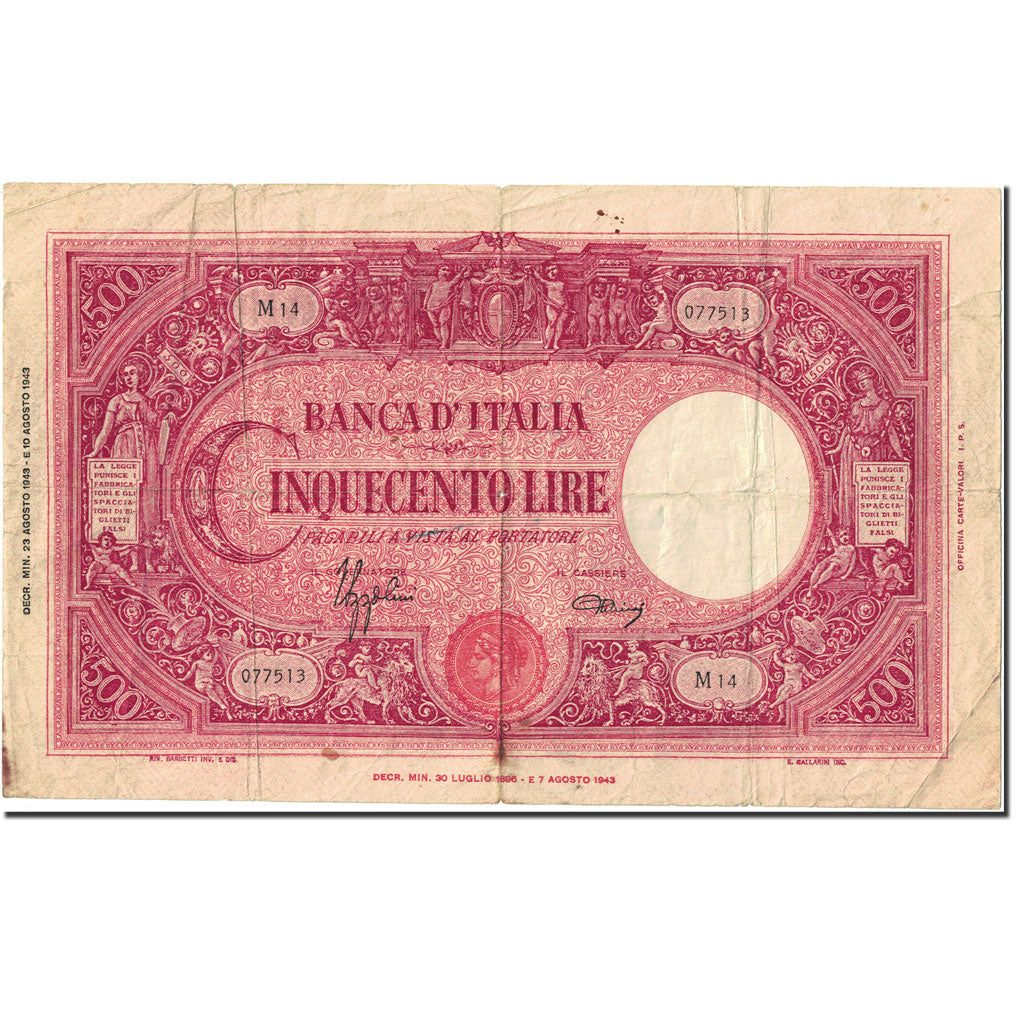 Banknote, Italy, 500 Lire, 1943, 1943-08-23, KM:70a, VF(20-25)