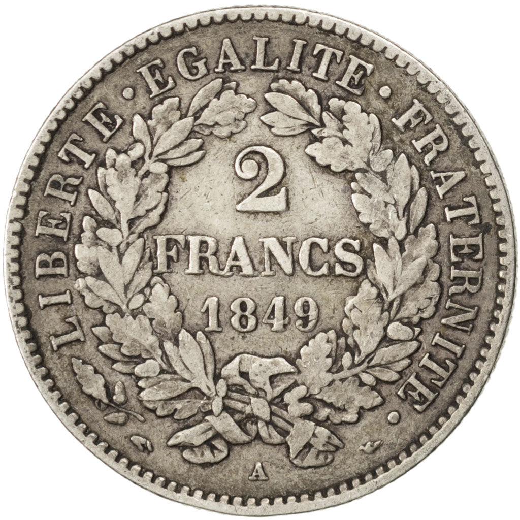 FRANCE, Cérès, 2 Francs, 1849, Paris, KM #760.1, VF(30-35), Silver, 9.77