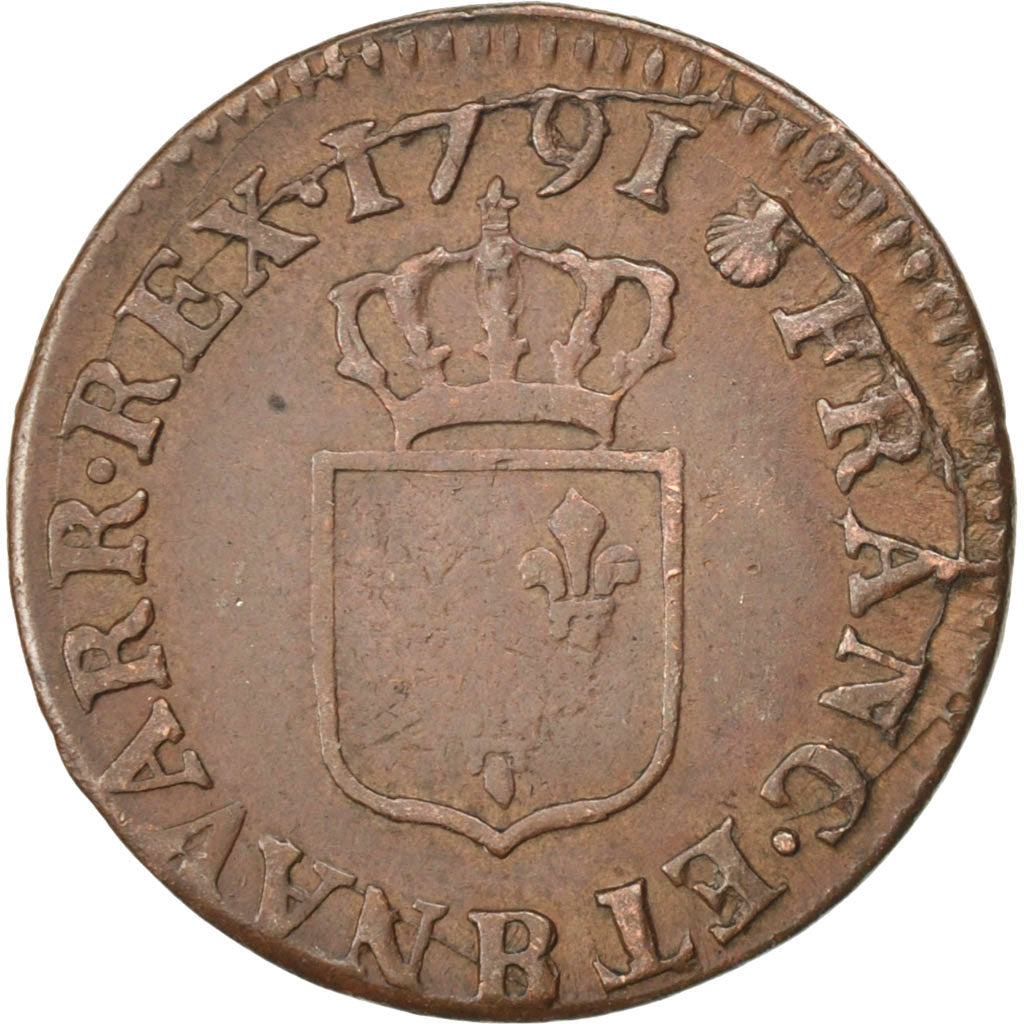 Moneda, Francia, Louis XVI, Liard, Liard, 1791, Rouen, MBC, Cobre, KM:585.3