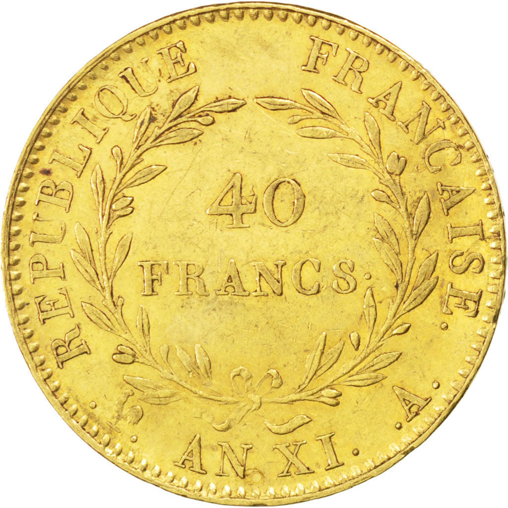 FRANCE, Napoléon I, 40 Francs, 1802, Paris, KM #652, AU(50-53), Gold, Gadoury #.