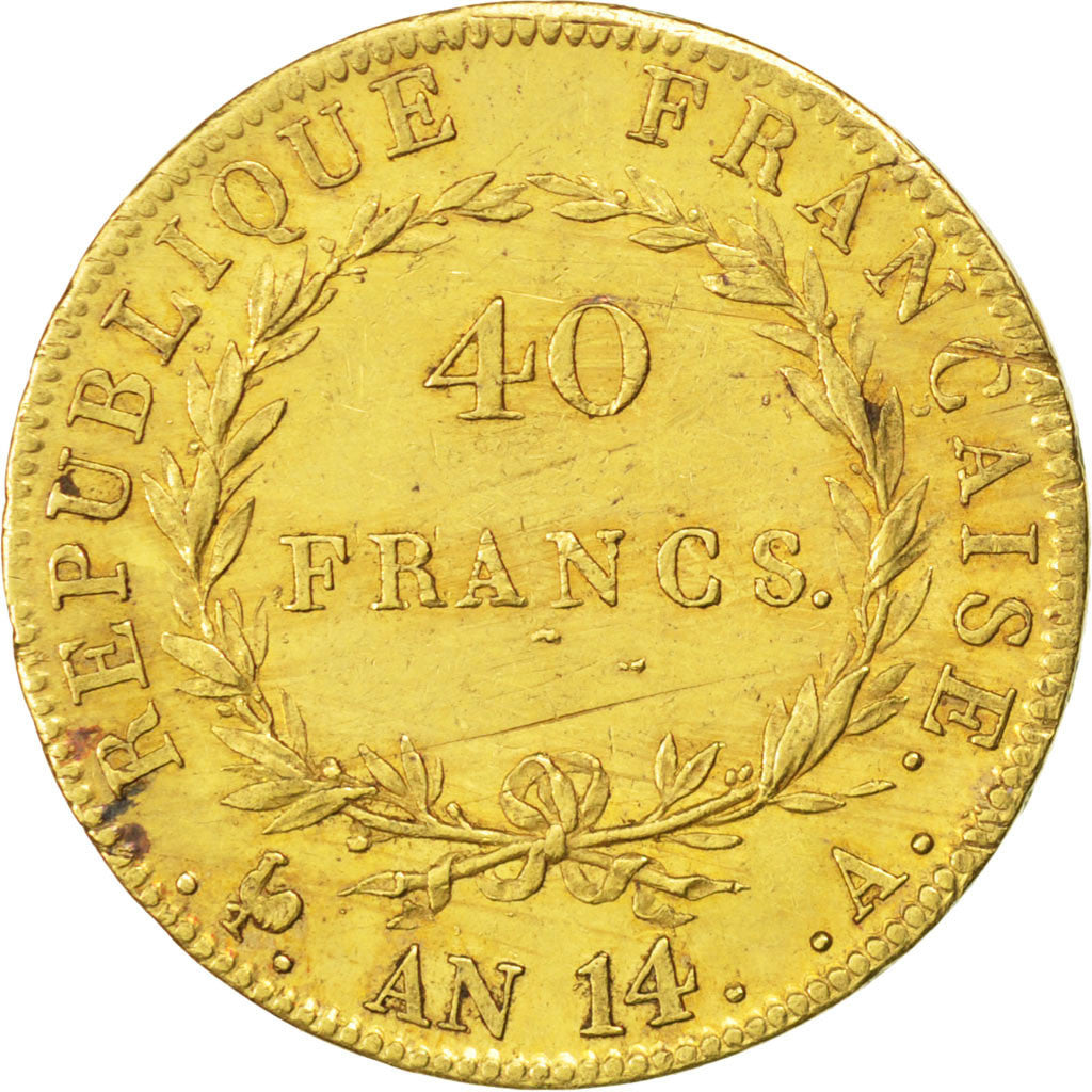 FRANCE, Napoléon I, 40 Francs, 1805, Paris, KM #664.1, AU(50-53), Gold, Gadoury 