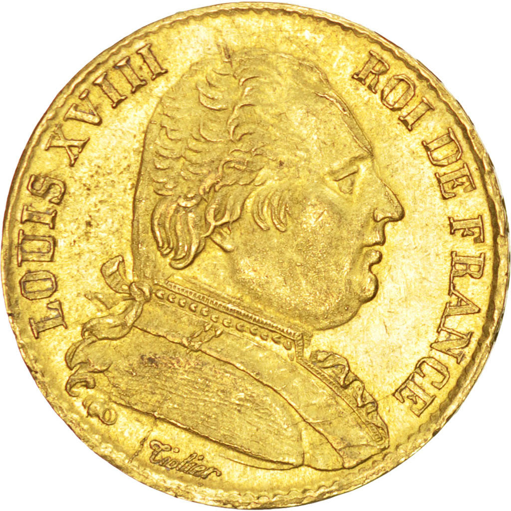 FRANCE, Louis XVIII, 20 Francs, 1814, Lille, KM #706.6, AU(55-58), Gold,...