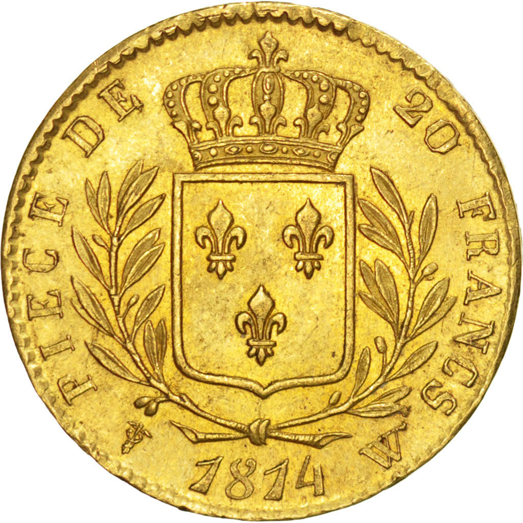 FRANCE, Louis XVIII, 20 Francs, 1814, Lille, KM #706.6, AU(55-58), Gold,...