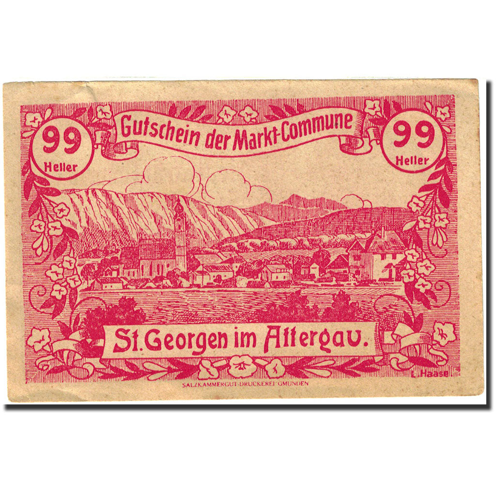 Banknote, Austria, Sankt Georgen im Attergau, 90 Heller, village, 1920