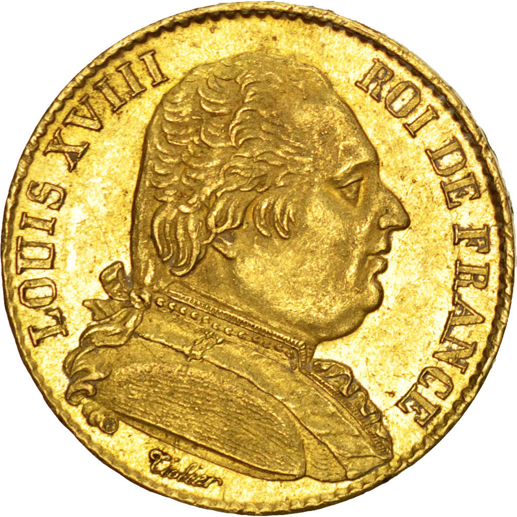 Louis XVIII, Première Restauration, 20 Francs or 1814 Paris, KM 706.1