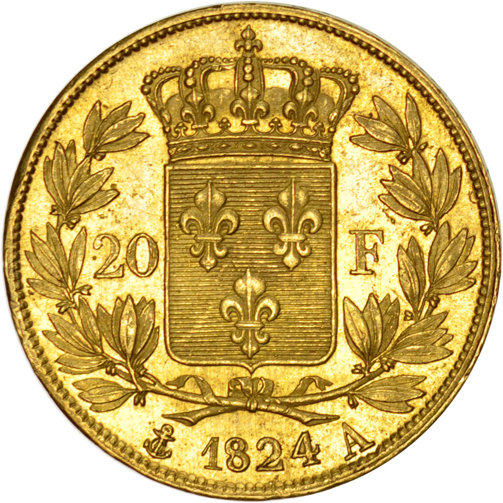 FRANCE, 20 Francs, 1824, Paris, KM #712.1, MS(60-62), Gold, Gadoury #1028, 6.43