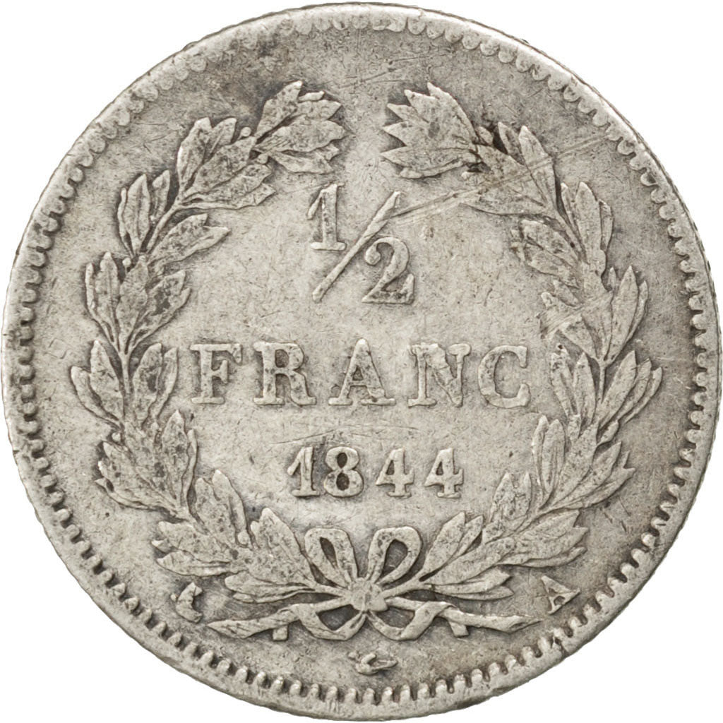 FRANCE, Louis-Philippe, 1/2 Franc, 1844, Paris, KM #741.1, VF(20-25), Silver,...