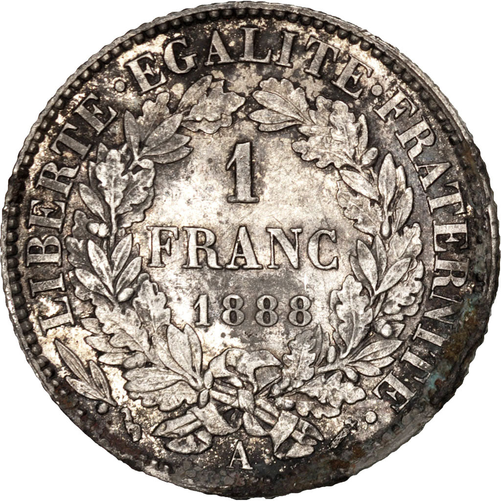 FRANCE, 1 Franc, 1888, Paris, KM #822.1, AU(55-58), Silver, Gadoury #465a, 4.95