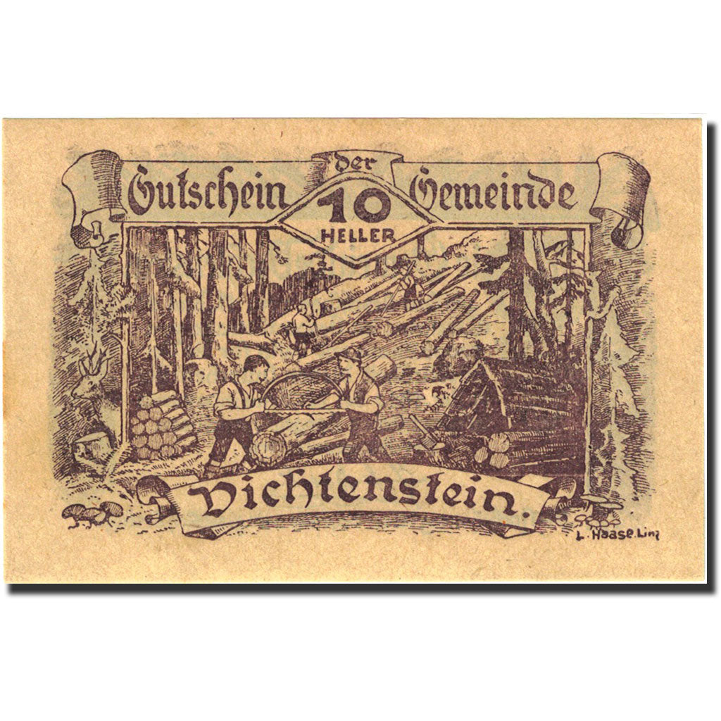 Banknote, Austria, Vichtenstein, 10 Heller, bûcheron, 1920, 1920-12-31