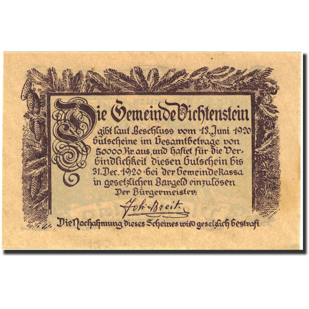 Banknote, Austria, Vichtenstein, 10 Heller, bûcheron, 1920, 1920-12-31