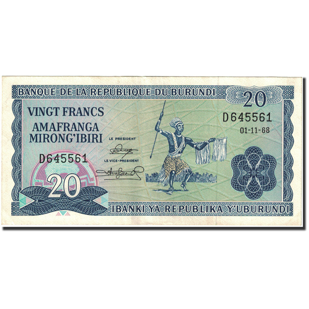 Banknote, Burundi, 20 Francs, 1968-1975, 1968-11-01, KM:21a, AU(55-58)