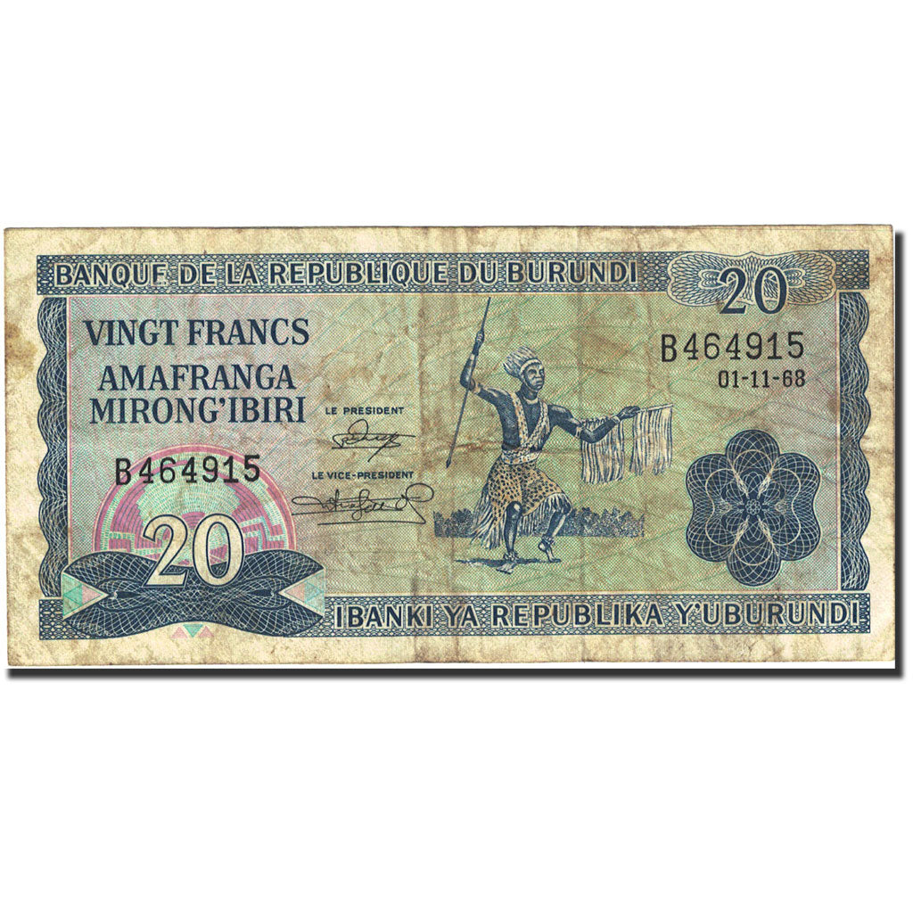 Banconote, Burundi, 20 Francs, 1968-1975, 1968-11-01, KM:21a, MB