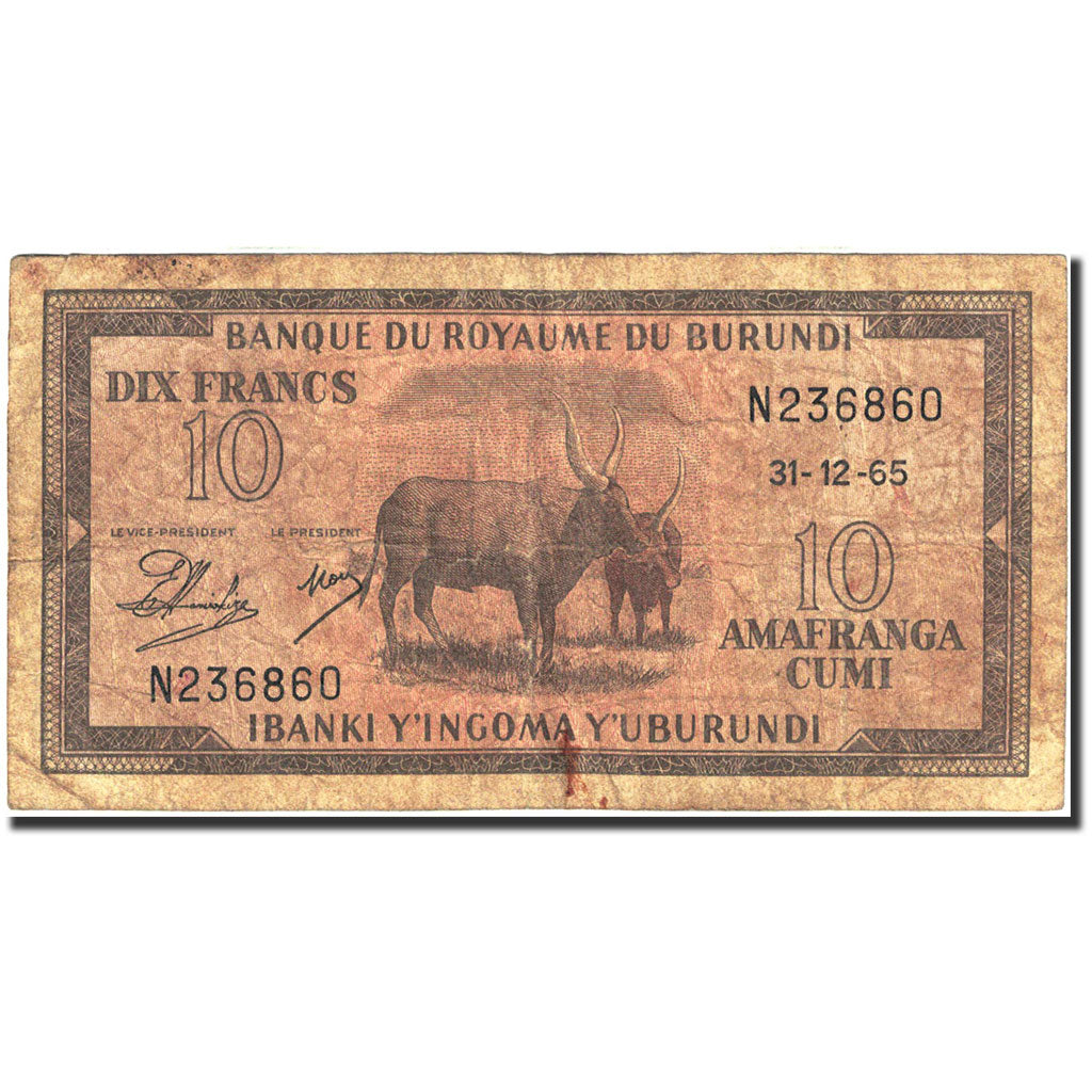 Banknote, Burundi, 10 Francs, 1964-1965, 1965-12-31, KM:9, VF(20-25)