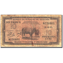 Banknote, Burundi, 10 Francs, 1964-1965, 1965-12-31, KM:9, VF(20-25)