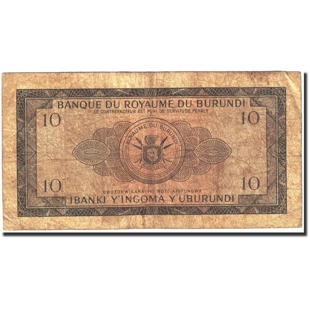 Banknote, Burundi, 10 Francs, 1964-1965, 1965-12-31, KM:9, VF(20-25)