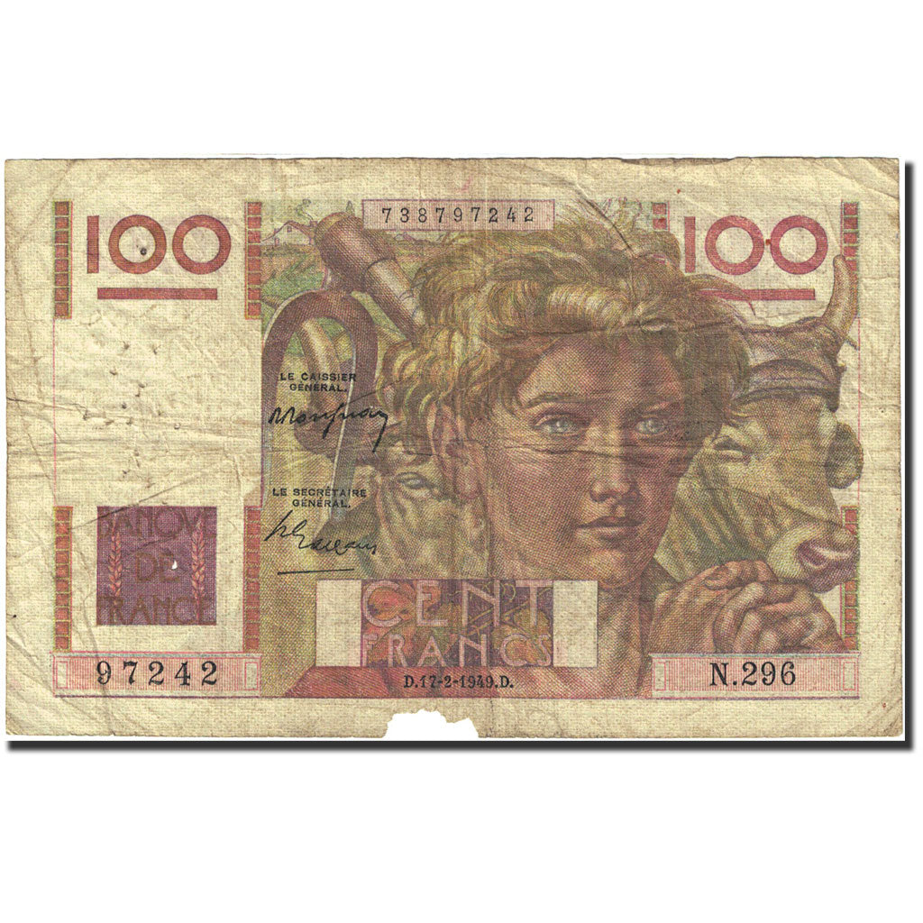 Francia, 100 Francs, 100 F 1945-1954 ''Jeune Paysan'', 1945, 1949-02-17, MB