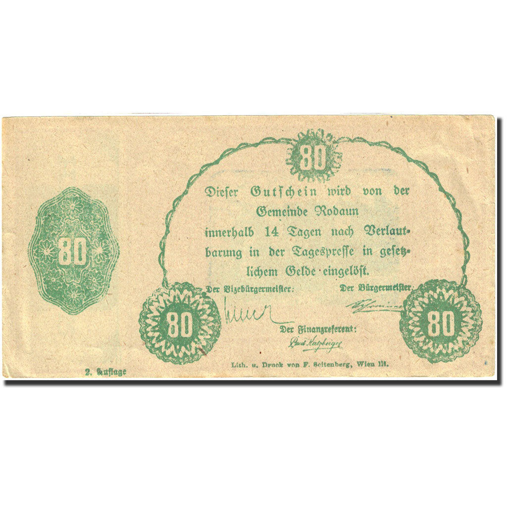 Banknote, Austria, Rodaun, 80 Heller, château, 1920, 1920-12-31, VF(20-25)