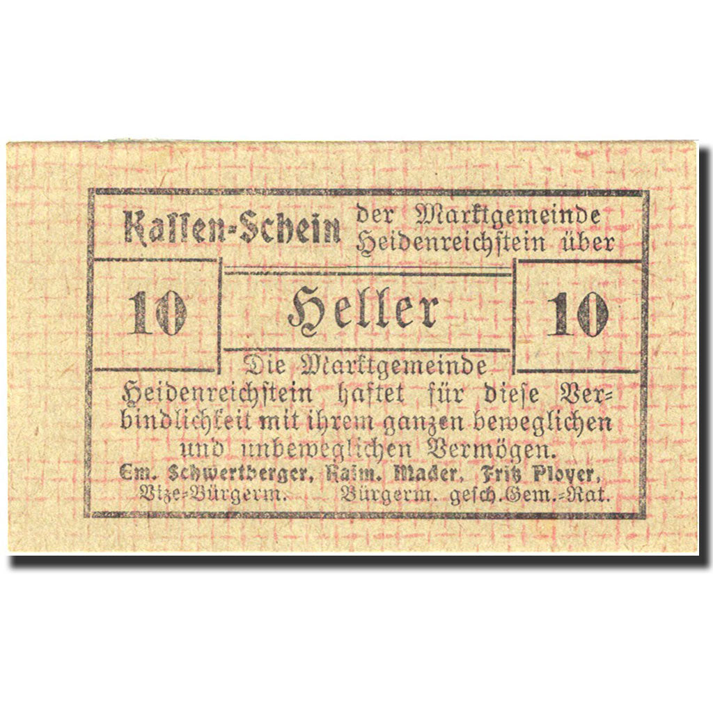 Banknote, Austria, Heidenreichstein, 10 Heller, valeur faciale, 1921