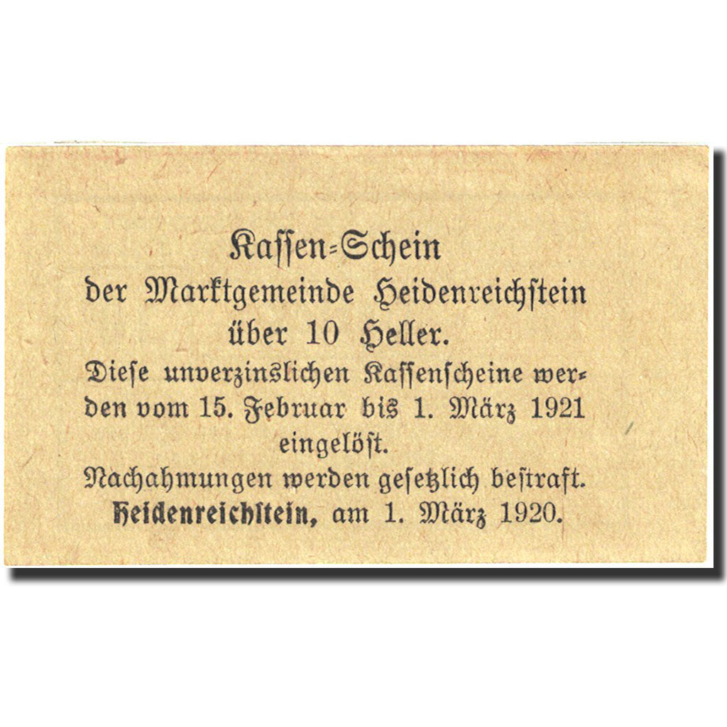 Banknote, Austria, Heidenreichstein, 10 Heller, valeur faciale, 1921