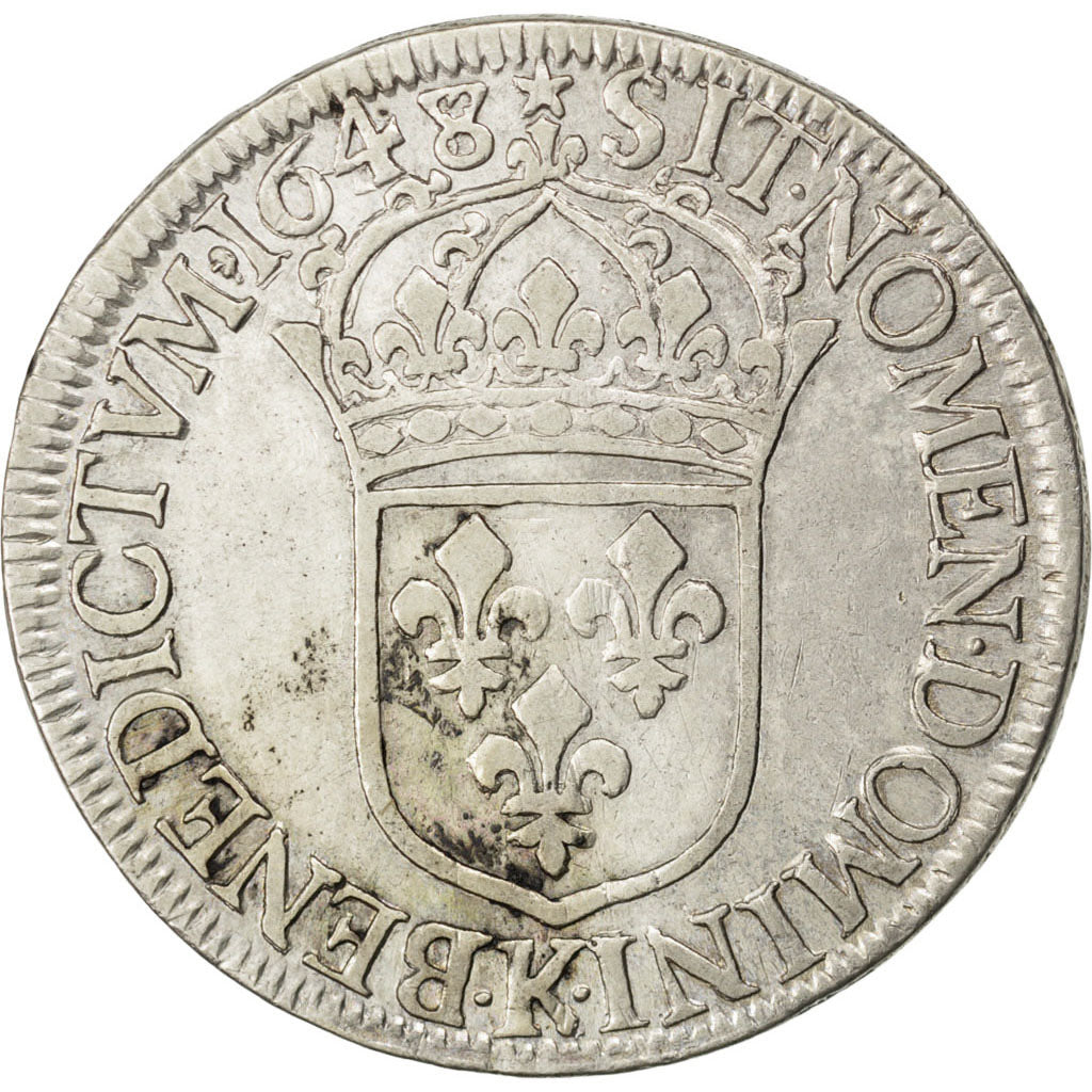 FRANCE, Écu à la mèche longue, ECU, 1648, Bordeaux, KM #155.9, VF(30-35), Silver