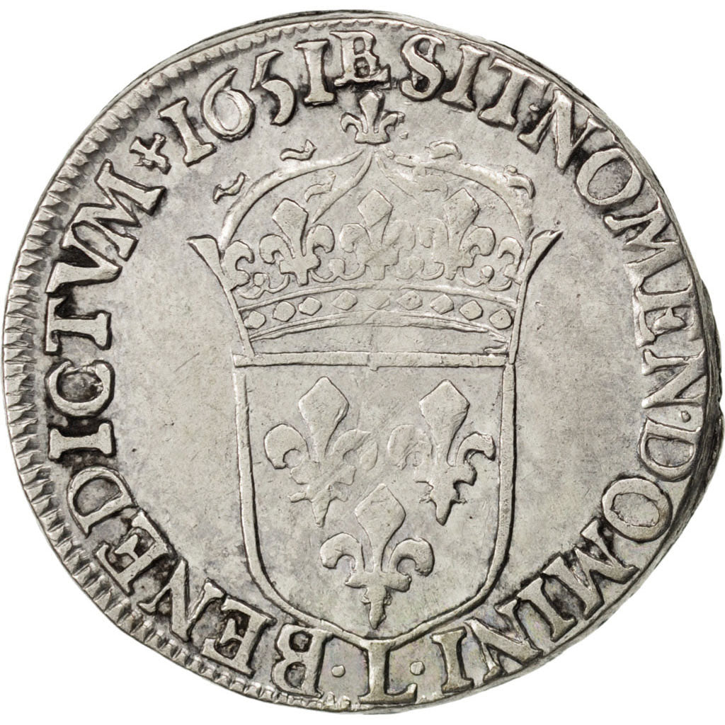 FRANCE, 1/2 Écu à la mèche longue, 1/2 ECU, 1651, Bayonne, KM #164.12, VF(20-25)