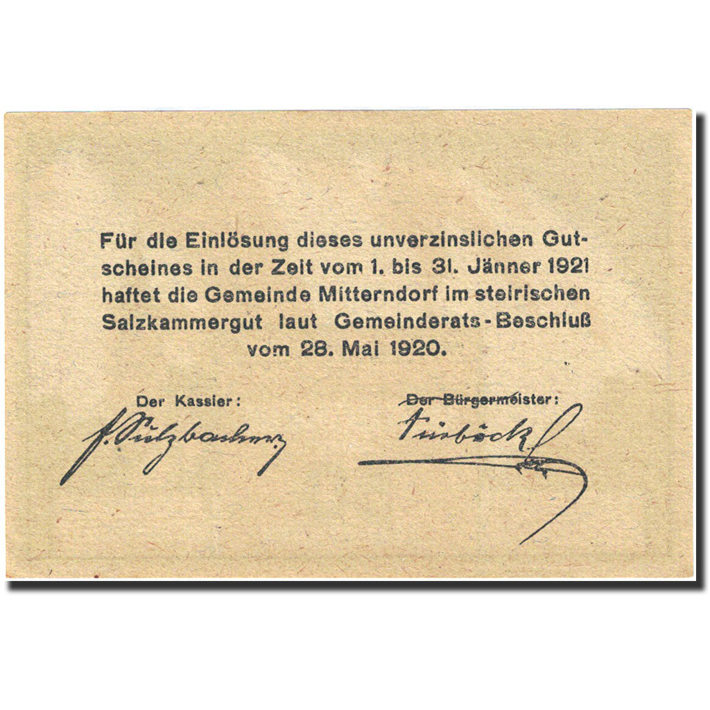 Banconote, Austria, Mitterndorf, 50 Heller, montagne, 1920, 1920-12-31, SPL+